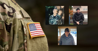 Soldier's shoulder with American flag patch and images of our Veterans