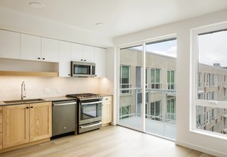 Apartment kitchen with large windows