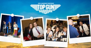 A collage of photos from the Top Gun-themed Guardian Leadership Conference, including smiling faces, presenters, and participants asking questions.